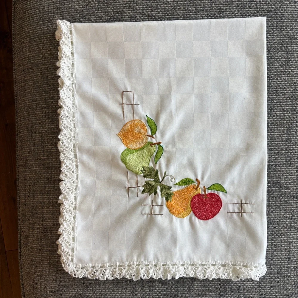Handmade Embroidered Fruit Tablecloth 41x33 Lace Border Small Linen Table Cover